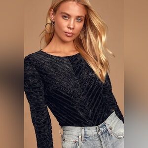 Lulus Save the Date Black Velvet Striped Long Sleeve Bodysuit - Large - NWOT